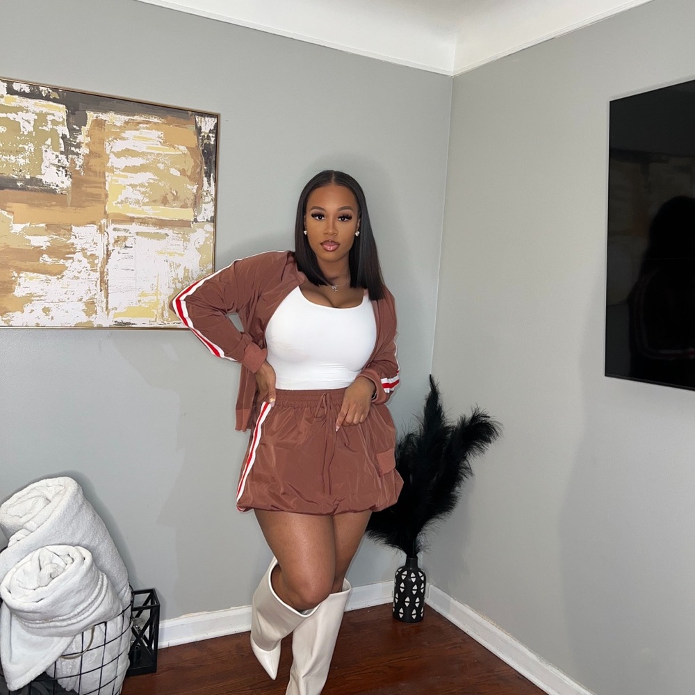 Brown Two-Piece Set with White Stripes